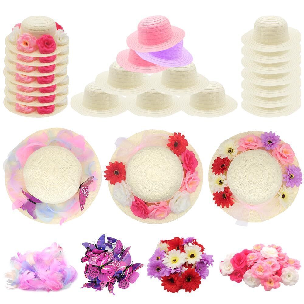 4469 297 Pcs DIY Tea Party Hats for Girl Include 24 Pcs Straw Hats